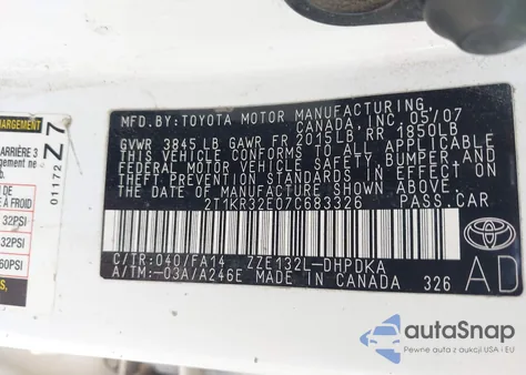 2007 Toyota Matrix z USA, uszkodzony, nr VIN 2T1KR32E07C683326